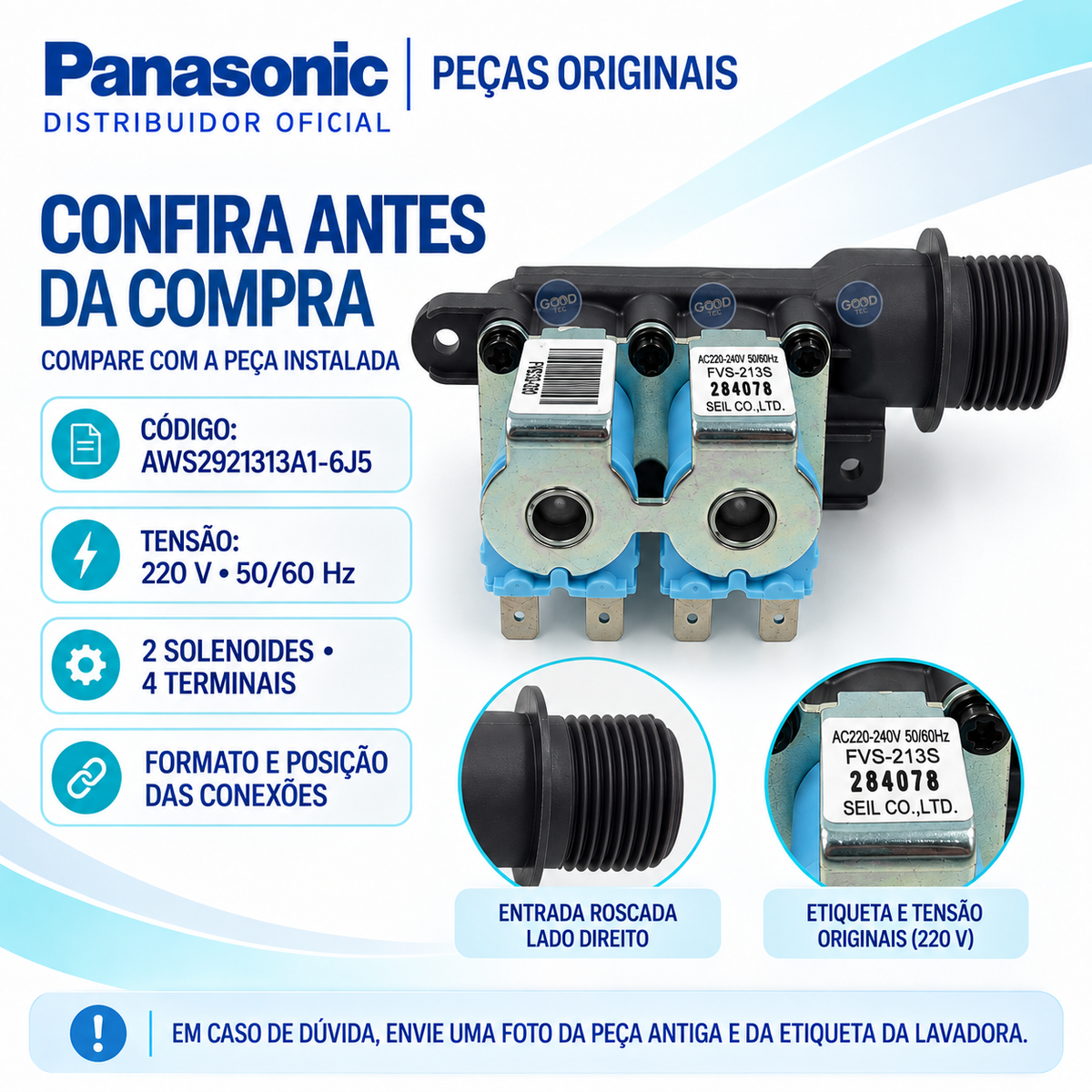 Válvula Dupla Entrada Água Lavadora Panasonic 220V