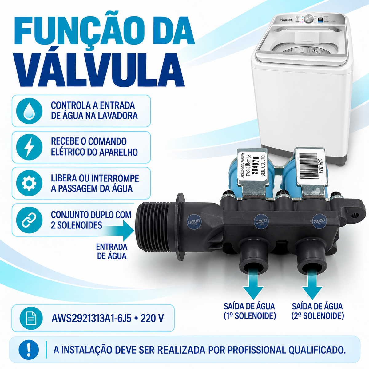 Válvula Dupla Entrada Água Lavadora Panasonic 220V