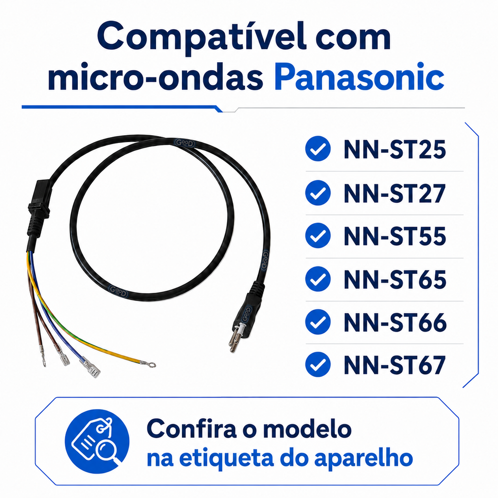 Cabo de Força 127V Original Panasonic 16A Pino Grosso para Micro-ondas 17470000A01205