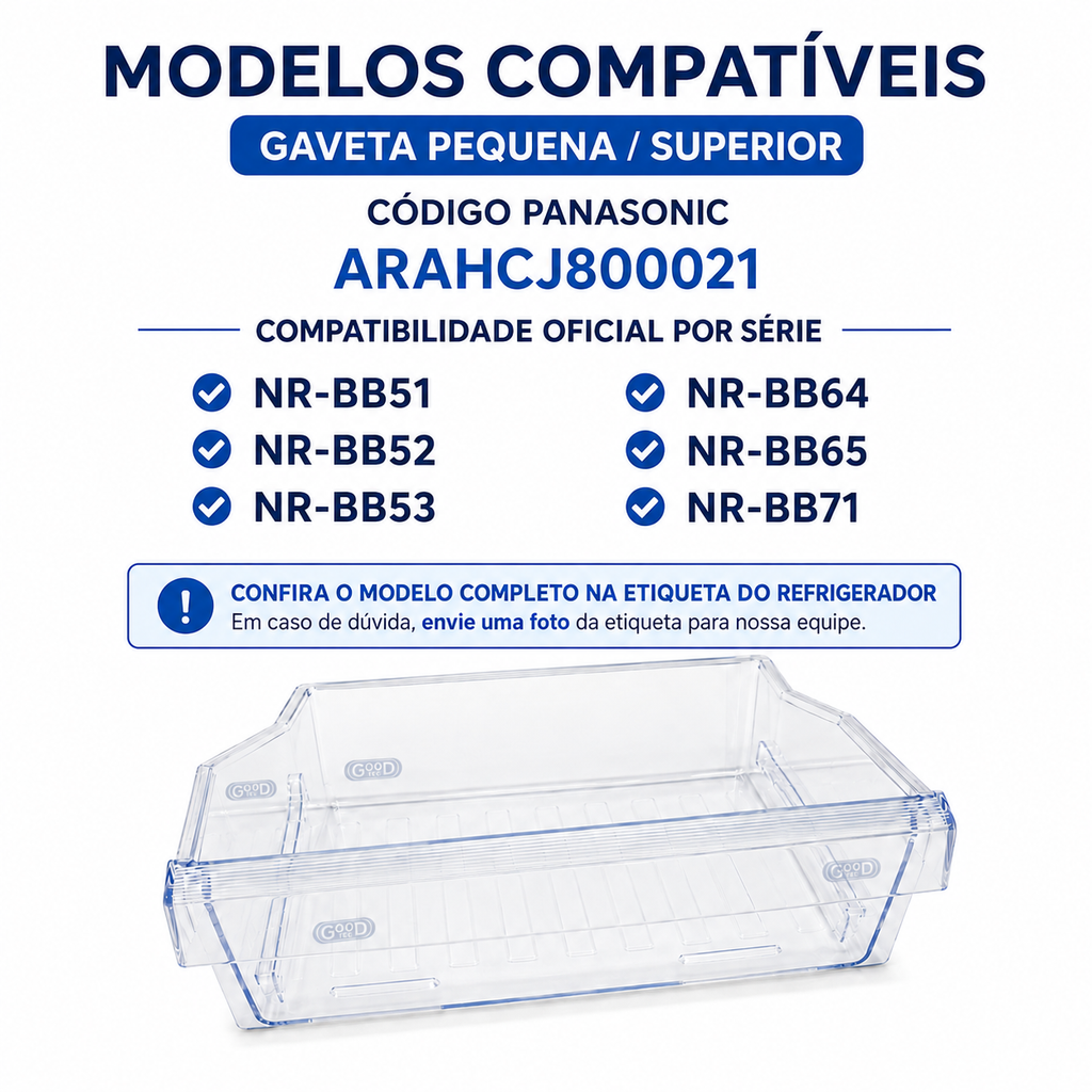 Gaveta superior do compartimento do freezer do refrigerador Panasonic original para os modelos NR-BB51, BB52, BB53, BB64, BB65 e BB71 ARAHCJ800021