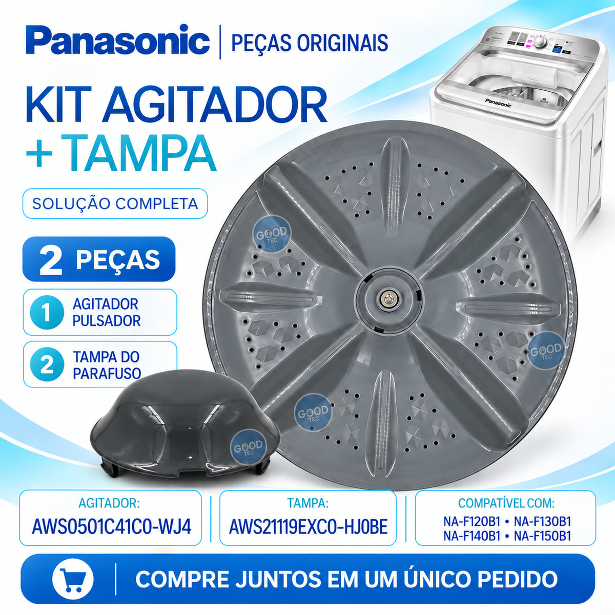 Kit Agitador + Tampa Para Lavadora Panasonic Modelos F120B1 F130B1 F140B1 F150B1