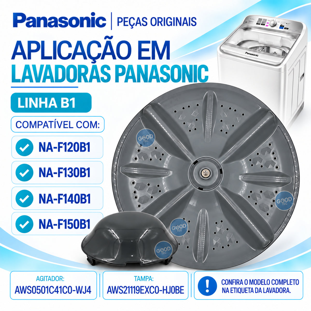 Kit Agitador + Tampa Para Lavadora Panasonic Modelos F120B1 F130B1 F140B1 F150B1