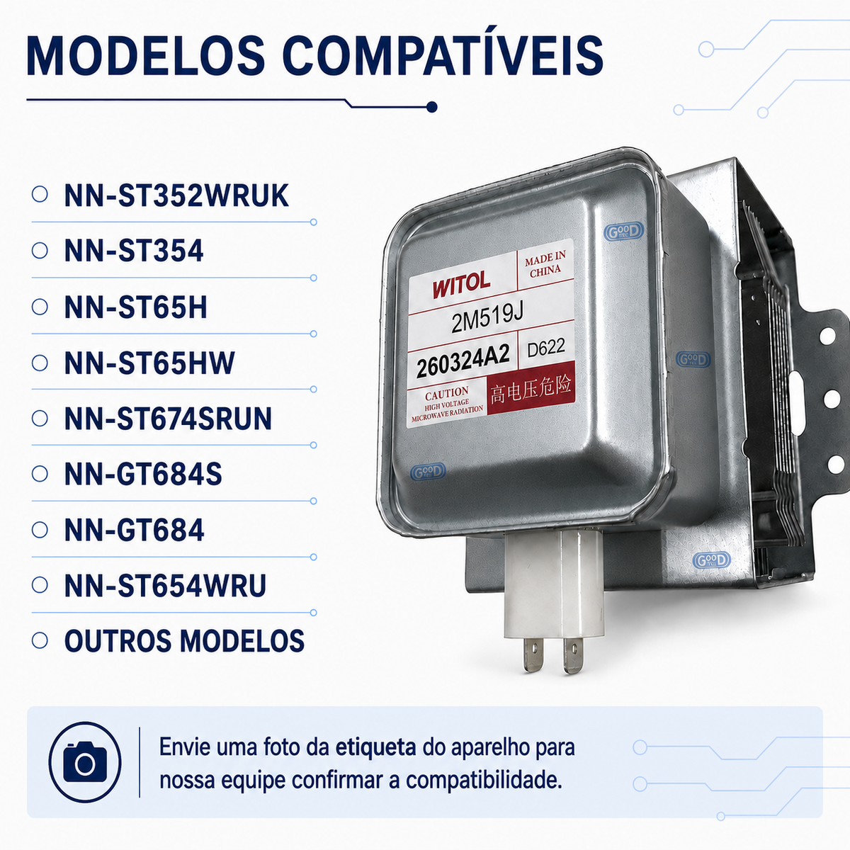 Magnetron Witol 2M519J para Micro-ondas Panasonic Original 17470000A01344