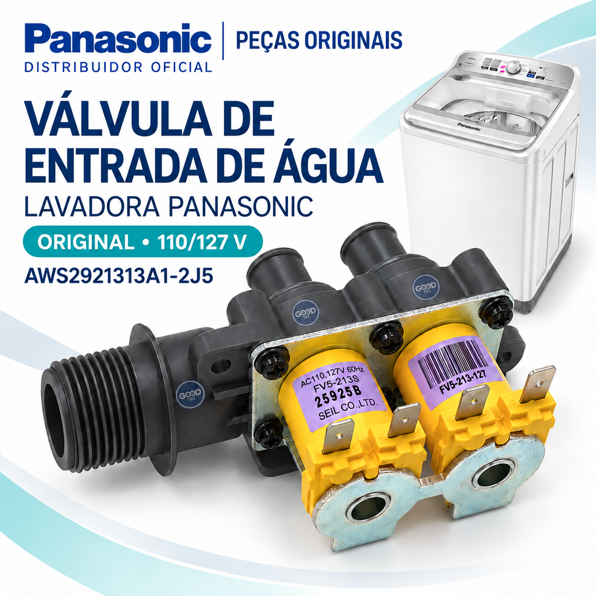Válvula Entrada Água Lavadora Panasonic Original 127V - 2 vias - Para os modelos: NA-F120B1 NA-F130B1 NA-F140B1 NA-F150B1 NA-F180D1 NA-F190D1