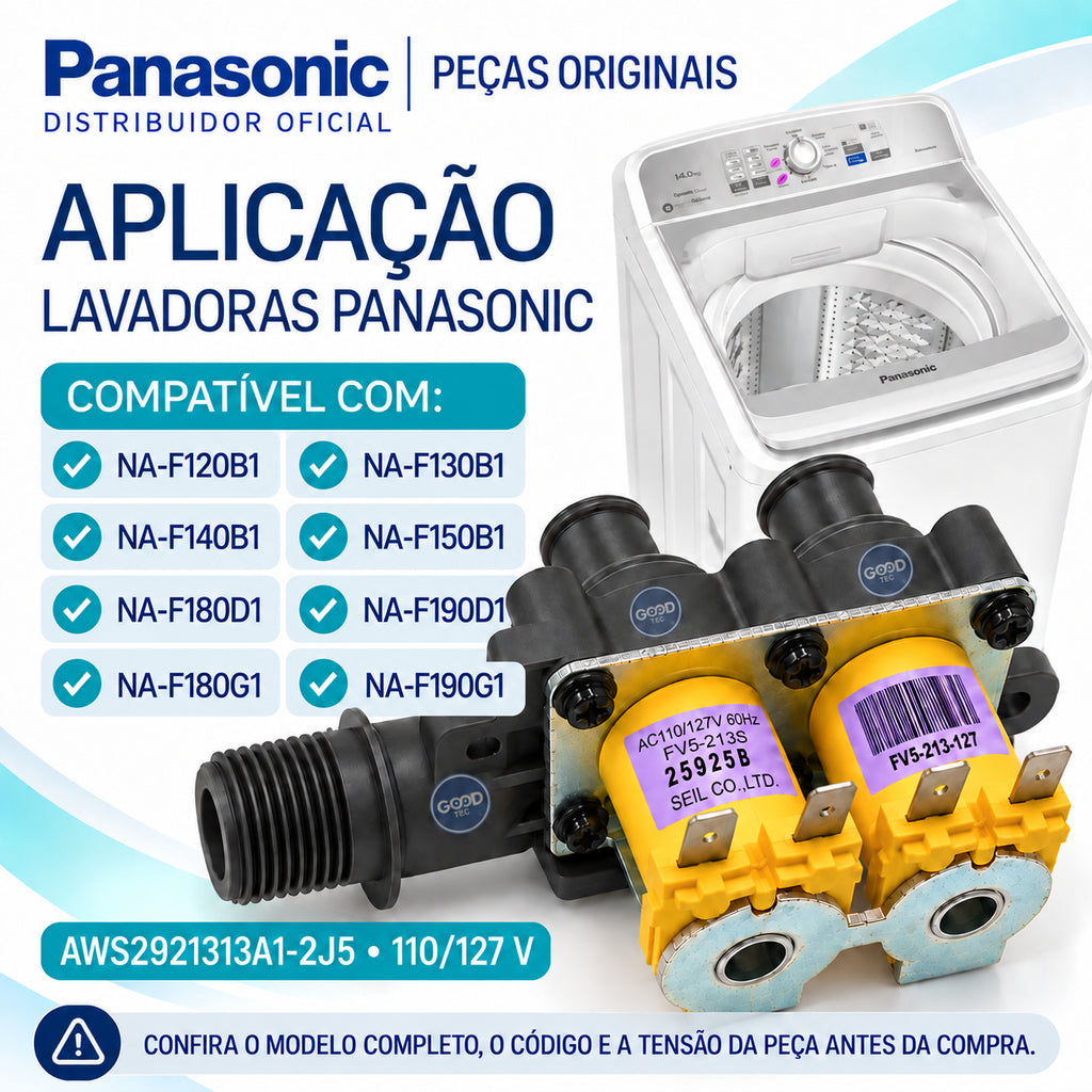 Válvula Entrada Água Lavadora Panasonic Original 127V - 2 vias - Para os modelos: NA-F120B1 NA-F130B1 NA-F140B1 NA-F150B1 NA-F180D1 NA-F190D1