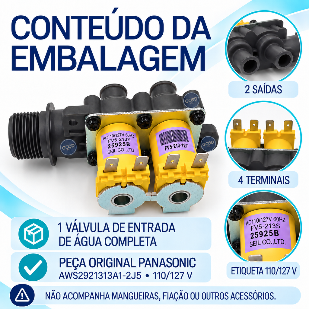 Válvula Entrada Água Lavadora Panasonic Original 127V - 2 vias - Para os modelos: NA-F120B1 NA-F130B1 NA-F140B1 NA-F150B1 NA-F180D1 NA-F190D1